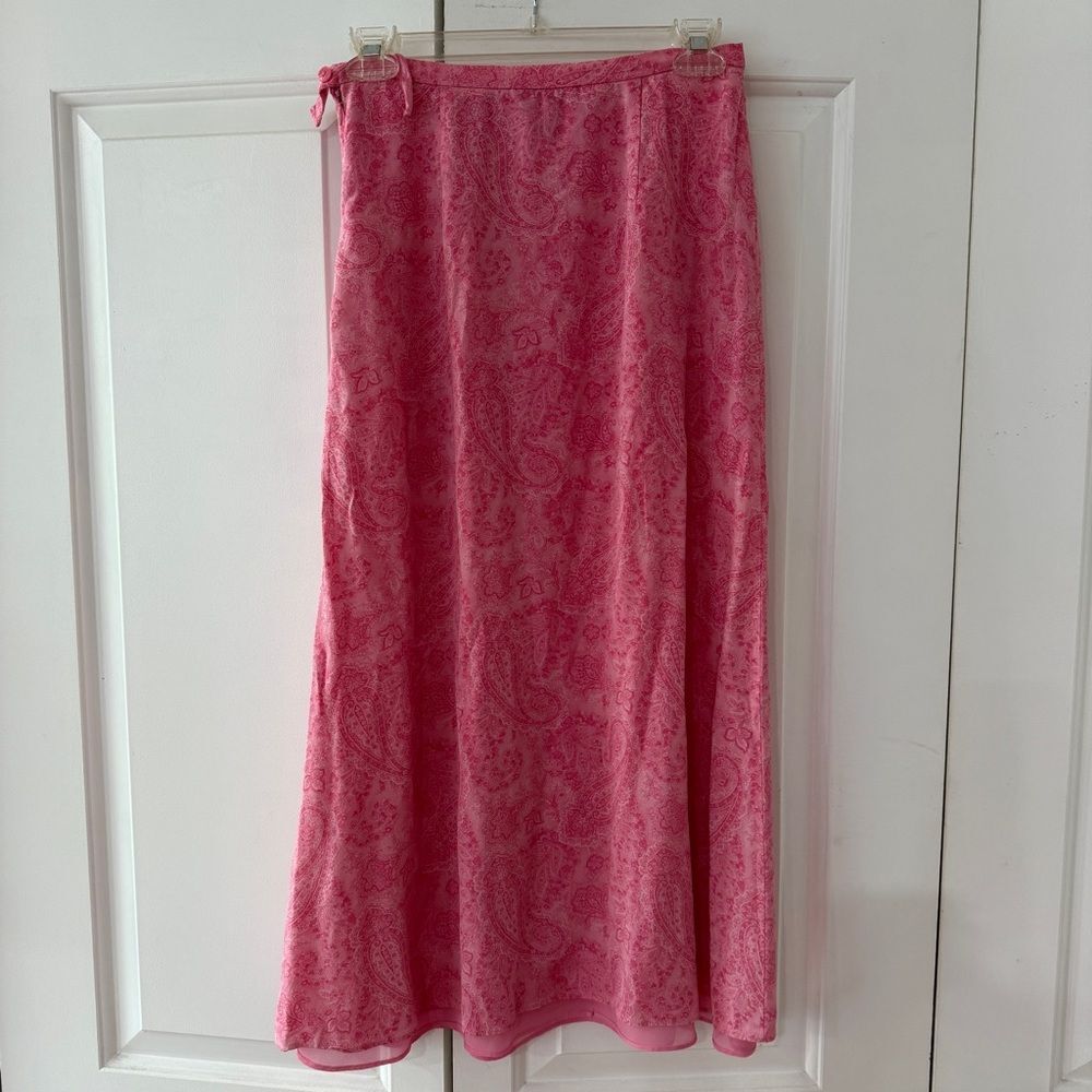 Vintage 90s Y2K Talbots Pure Silk Pink Paisley A-Line Midi Skirt - Picture 3 of 7